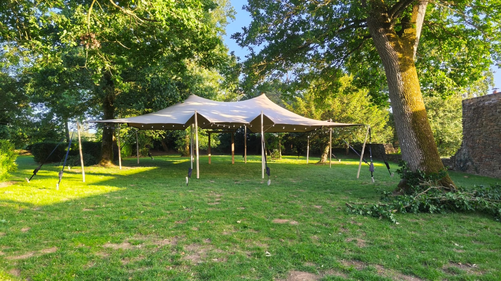 Tente stretch ouverte installée sur pelouse pour comparer avec un chapiteau traditionnel